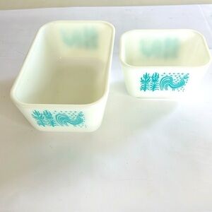 Pyrex Teal ButterPrint White Glass Refrigerator Fridgies set of Two